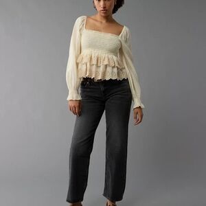 AE Long-Sleeve Smocked Tiered Top